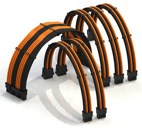 LINKUP - 50cm Superweiche und Flexible Netzteilkabel mit Verlängerungshülsen Custom Mod GPU PC Geflochten mit Kamm-Kit | 1x 24 P (20+4) | 2x 8 P (4+4) CPU | 3x 8 P (6+2) GPU set | 500mm Orange Schwarz