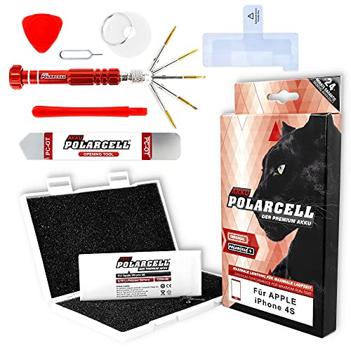 PolarCell Batterie compatible avec Apple iPhone 4S | Kit d'outils inclus | Batterie de rechange puissante 1550 mAh | 9 % de capacité en plus que la batterie d'origine | cellules de qualité A+