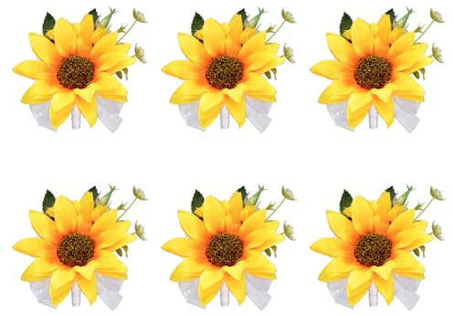 URROMA Boutonniere für Abschlussball, 6 Stück, künstliche gelbe Sonnenblume, Ansteckblume für Herren, Hochzeit, Blumen, Jahrestag, Heimkehr, Abschlussball, Party, Dekoration, Zubehör