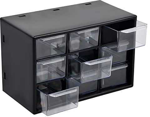 FESSOSKO 9 Schubfächern Aufbewahrungsbox Sortierkasten 18x12x10cm aus Kunststoff, für Kleinteilemagazin Werkzeug Schrauben zum Aufbewahren, Geeignet für Wandmontage (Schwarz)