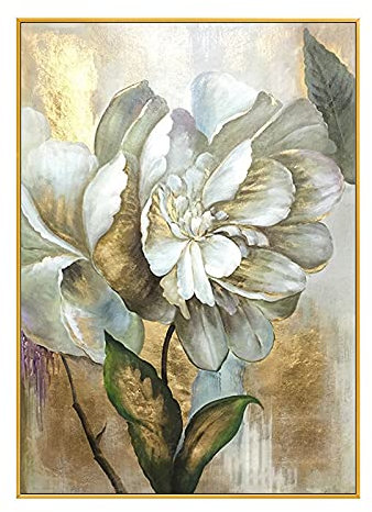 Ölbilder Auf Leinwand Handgemalt, Vintage Blühende Pfingstrose Blume Blatt Blattgold Luxus Abstraktes Kunstwerk Rahmenlos Original Handgemalte Ölgemälde Auf Leinwand Wandkunst Für Wohnzimmer S