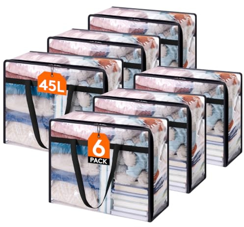 Lifewit Scatole per Vestiti Trasparente, Organizer Armadio Pieghevole con Manici, Scatole per Armadio en PVC, Scatoloni Trasloco, Organizer Armadio per Vestiti, Coperte, Piumoni, Libro, 40 L, 6 Pezzi