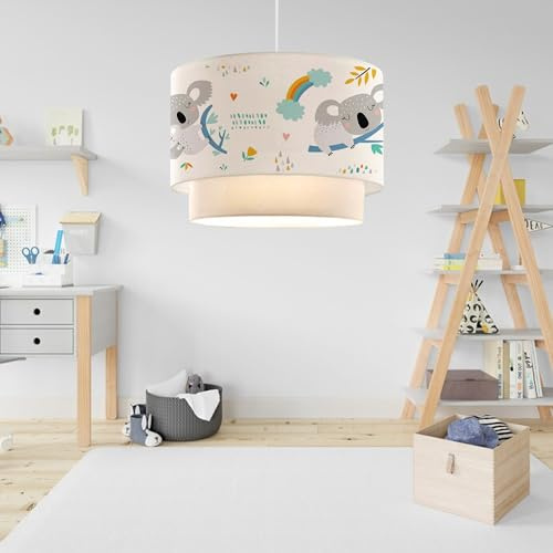 lux.pro Charmig pendellampa för barn taklampa ljuskrona välkomnande hängande lampa med lampskärm dubbelt barnrum E27 plasttyg höjd 70 cm vitt koalamönster