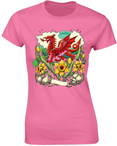 Proudly Welsh St Davids Day Ladies T-Shirt Welsh Daffodil Dragon Fusion Patriotic Wales Festival Fancy Dress Costume Womens Gift Tshirt