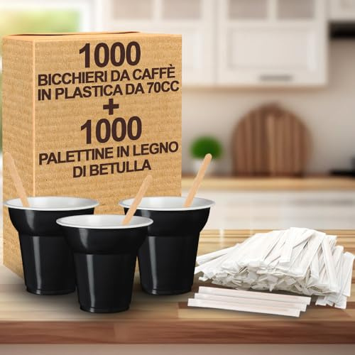 GM KIT 1000 Bicchieri in Plastica Neri da Caffè da 70 ML + 1000 Palettina da Caffe' in Legno di Betulla imbustate singolarmente