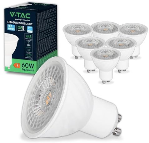 V-TAC 6x Lampadine LED GU10 6W (Equivalenti a 60W) - Chip SAMSUNG - 445 Lumen - Alta Luminosità - Faretto Led GU10 per Massima Efficienza e Risparmio Energetico - Lampadina Luce Naturale 4000K