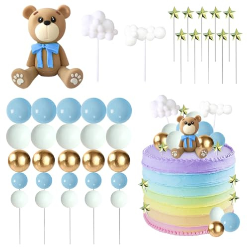 ZPSOSPZ Teddy Bear Cake Toppers 38 PCS Teddy Bear Cake Decoration with Gold Blue White Pearl Ball Baby Welcome Baby Cake Decoration Party Birthday Party Teddy Bear Birthday Decoration