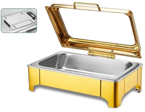 Chafing Dish Gold Piano di Cottura in Acciaio Inox, con Controllo della Temperatura Buffet Elettrico a Tenuta Stagna con Coperchio in Vetro Trasparente(13.5L/1)