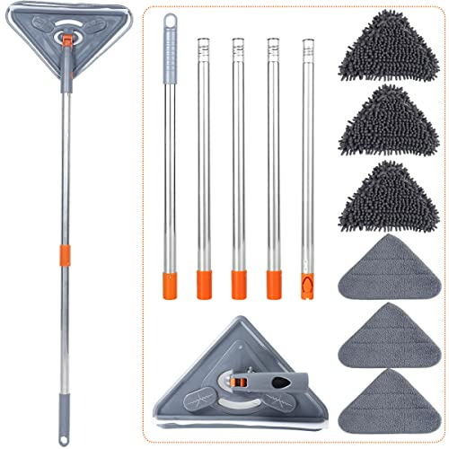 Trapeador de limpieza de pared, trapeador triangular con mango largo, limpiador retráctil de polvo seco y húmedo, herramienta de limpieza de pared de microfibra triangular giratoria de 360 ° para