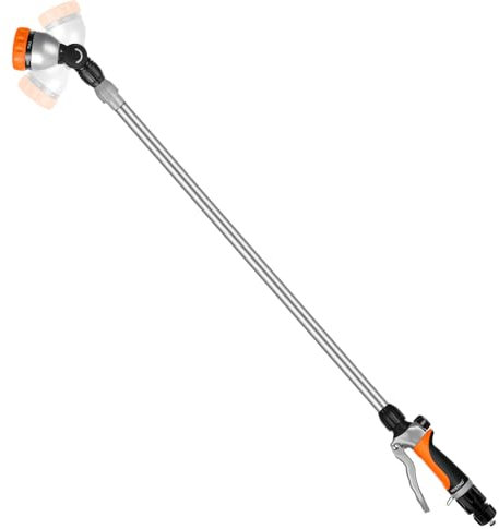 RESTMO Annaffiatoio Telescopico 92-152cm - Irrigatore Metallico con Testina Girevole 180°, 7 Modalità, Regolazione Flusso, per Vasi Sospesi e Arbusti, Arancione