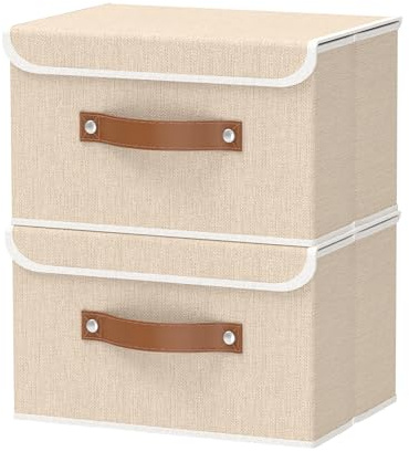 OUTBROS 2 Pack Aufbewahrungskorb mit deckel, Stoffboxen 33x23x20cm, Beige | Faltbarer Aufbewahrungsbox, Ordnungsbox mit Griff, Schrank Organizer Kleiderschrank, für Kleidung
