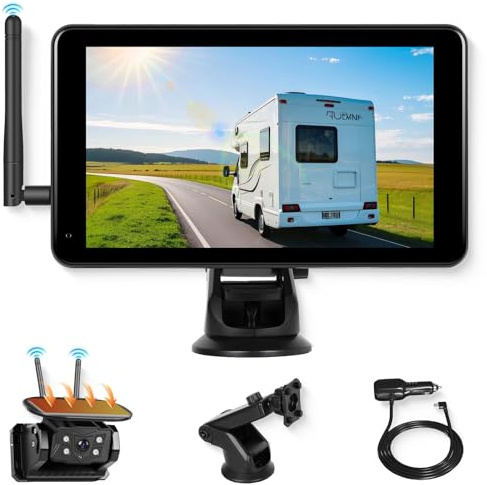 VECHTEL Rückfahrkamera Kabellos Solar, Rückfahrkamera Funk mit 10000mAh Akk, 7 Zoll IPS Monitor mit IP68 Wasserdicht Nachtsicht BSD DVR Superweitwinkel für Wohnwagen LKW Auto Wohnmobil