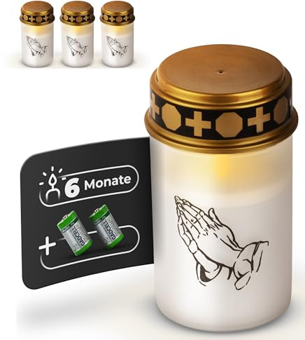 Novaliv LED Grablicht ohne Batterie und Timer 6/18 weiß 4x Dauerbrenner LED Flackereffekt inkl. Batterien Grabkerzen Friedhofskerze Gedenkkerze Grablaterne Ewiges Licht Trauerkerze LED Kerzen