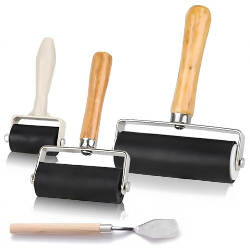 3 Pcs Brayer Roller for Crafts, 3 Sizes of Rubber Roller with 1 Scraper for Printmaking DIY Art Craft Ink Applicator Art Craft Oil Painting Tool (1.4 in/2.4 in/4 in)