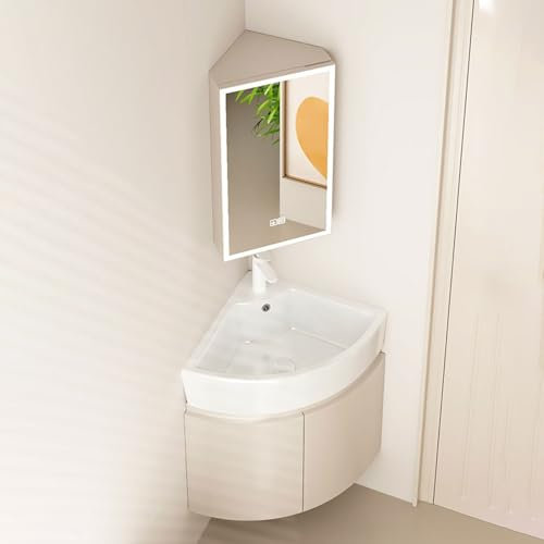 YUGXTH Lavabo Bagno Angolare, Mobile da Bagno con Montaggio a Parete, Lavandino Angolare in Ceramica con Contenitore, Lavabo in Ceramica con Specchio Antiappannamento, per Piccoli Spazi(33cm/13in)