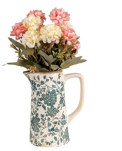 Pitcher Jug Flower Vase Vintage Style Distressed Effect Ceramic Vase with Blue Floral Print Design Dining Table Centrepiece Windowsill Mantelpiece Shelf Decoration
