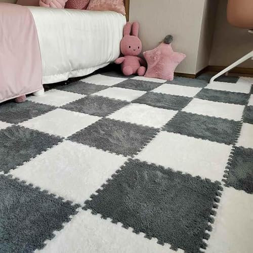 Weiche, Ineinander Greifende Eva-Schaumstoffmatten 12 X 12 Zoll Puzzle-Teppichfliesen 12-teiliger Rutschfester Bodenteppich for Kinderzimmer Wohnzimmer Spielzimmer(Gray+White)