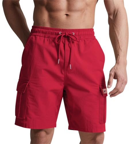 Cargo Shorts Men, Multi Pockets Combat Shorts, Quick Dry Elasticated Waist Work Short, Summer Trekking Pants, Stretch Hiking Short, Gym Pants for Training,Camping,Travelling S-3Xl Red