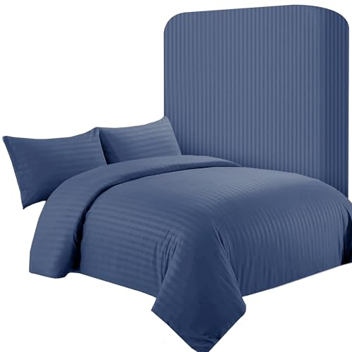 AR Ware Double Satin Stripe Duvet Cover Set – 4 Pcs Navy Soft, Hotel-Style Bedding Set with 2 Pillowcases and 1 Fitted Sheet