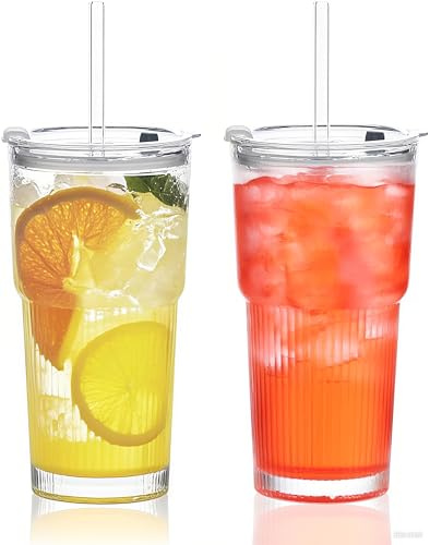 ALINK 600ml Glas mit Deckel und Strohhalm 2 Stück, Gerippte Glasbecher mit Deckel und Strohhalm für Eiskaffee, Saft, Smoothies & Kaltgetränke, Spülmaschinengeeignet & auslaufsicher