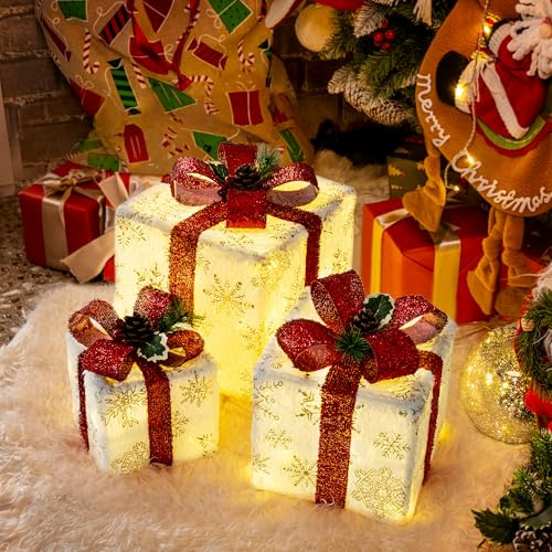 GIGALUMI LED leuchtende Geschenkboxen, 3er Set, 8 Modi 60LED Leuchtend Weihnachtenbox, Weihnachts Dekoration mit Schleife für Party, Haus, Baum, Proch Dekorationen (Rot)