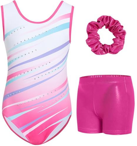 Gogokids Ärmlös gymnastiktröja set för flickor, tre delar med shorts och hårgummi, barngymnastik, outfits med cutouts och korsad design, glitter, balett-onepiece för ålder 3–12, 120(110-120 cm,6-7Y)