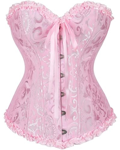 Zaleau Victorian Corset Tops for Women Halloween Costume Gothic Lace Adjustable Overbust Bustier, XS-6XL Plus Size, Pink, S