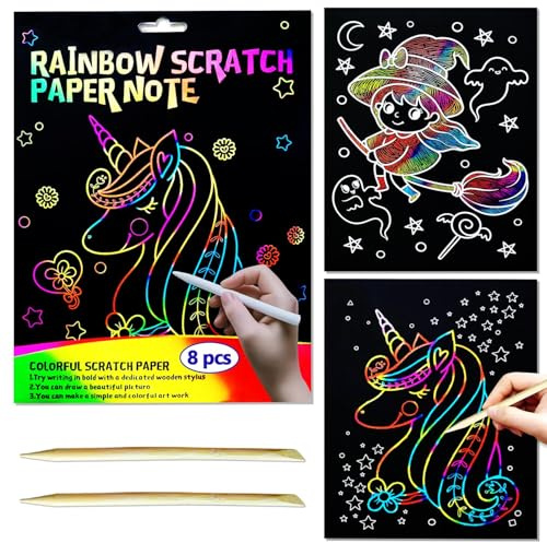 Kratzbilder für Kinder, 8 Blätter Regenbogen Kratzpapier, 1 Holzstifte, Kratzbilder Set für Kinder, Kratzbild Set zum Zeichnen und Basteln für Jungen Mädchen DIY (Einhorn)