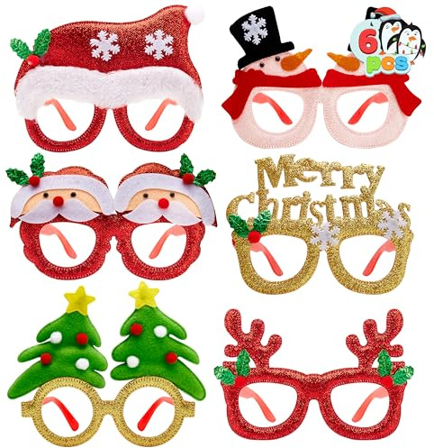 JOYIN 6 st julglasramar, julfestglasögon att bära, glitterfestglasögon, jultillbehör, julklappar för barn, julfest leksaksgåvor