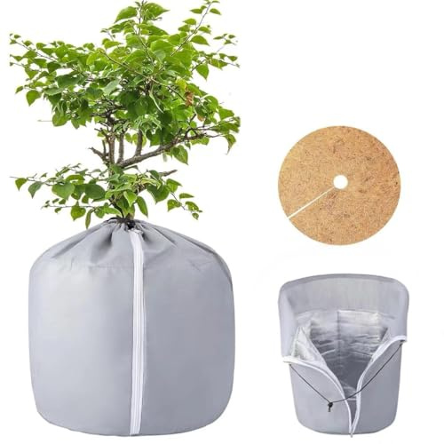 Sac de Protection Thermique pour Pot de Fleurs 50x45cm, Avec Disque en Feutre coco Ø 43cm, Protection Pot de Fleur Hiver, Avec Cordon et Fermeture éclair, Protection Hivernale pour Plantes (Gris)