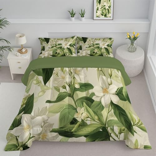 JEDTAKCT Piumino Letto Singolo 4 Stagioni 140X200, Verde Salvia Reversibile Piumone Leggero, Elegante Gelsomino Estetica Botanica Coperta Trapunta In Microfibra, Lavabile In Lavatrice