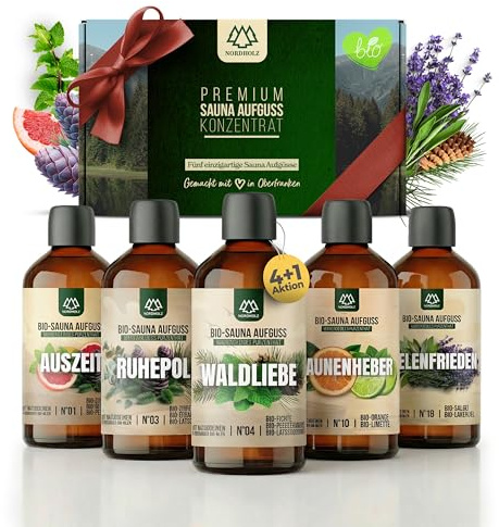 NORDHOLZ® Saunaaufguss Set Bio Best of Bio Premium Qualität [5x100ml] besonderes & natürliches Sauna Aufgussmittel für intensiven duft - mit naturreinen ätherischen Bio Ölen [AKTION 4+1]
