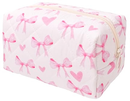 LEHEEYWT Make Up Bags for Women, Bow Makeup Bag Small Pink Travel Pouch, Cute Zippered Toiletry Bag for Girls and Women