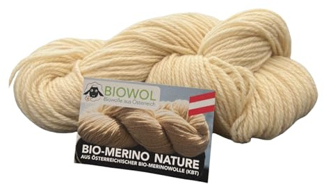 Bio-Merino Nature aus 100% österreichischer Bio-Merinowolle kbT, Handstrickgarn, Strang 100 g = 170 m, empfohlene Nadelstärke 5 mm