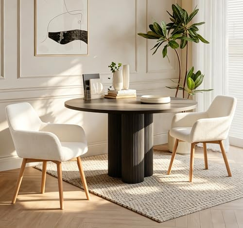 YEEFY Mid-Century Modern Esszimmerstuhl 2er-Set – gepolsterter Sessel mit Holzbeinen, bequemer Polsterstuhl für Esszimmer & Wohnzimmer, im Retro-Design (Wollweiß, 2 Stück)