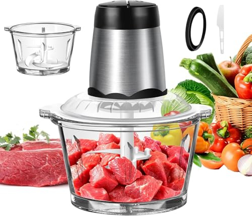 Zerkleinerer elektrisch mit 2L Glasbehälter Elektrischer Nahrungsmittelmixer-Grinder 4-in-1 – Küchenmaschine zum Häckseln (Gemüse/Fleisch), Mixen und Mahlen, 2 Geschwindigkeiten + 4 zweistufige Messer