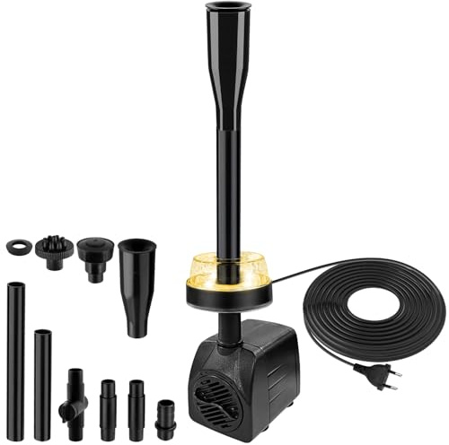 NATPOW Warmweiße Springbrunnenpumpe Aussen mit LED, Teichpumpe für Miniteich, Aquariumpumpe mit 3M Kabel, 3 Düsen, 800L/h 15W Gartenbrunnen Pumpe Klein für Gartenteich, Wasserfall