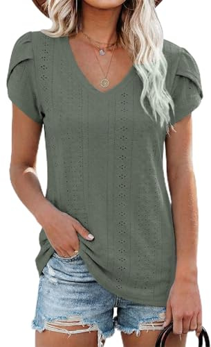 SENBATU T-Shirt pour Femme Col en V et Manches Pétales Haut de Plage Décontracté à Manches Courtes pour l'été