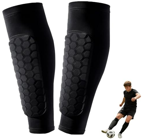 Football Shin Pads Boys Girls, Shin Guards Shin Defender Kids with Breathable Honeycomb Compression Sleeve Impact Absorption and Protection Lightweight for Football Tennis Skiing & Sports (Black)