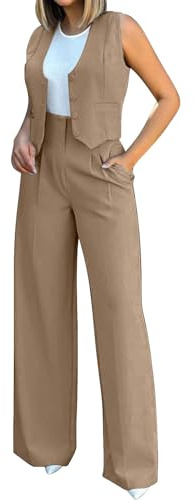 peiaclkde Conjunto de pantalones para mujer, ajustado, sin mangas, con botones, pantalones de pierna ancha, conjunto de blazer, chaleco y pantalón, blazer para mujer, traje de trabajo, negocios