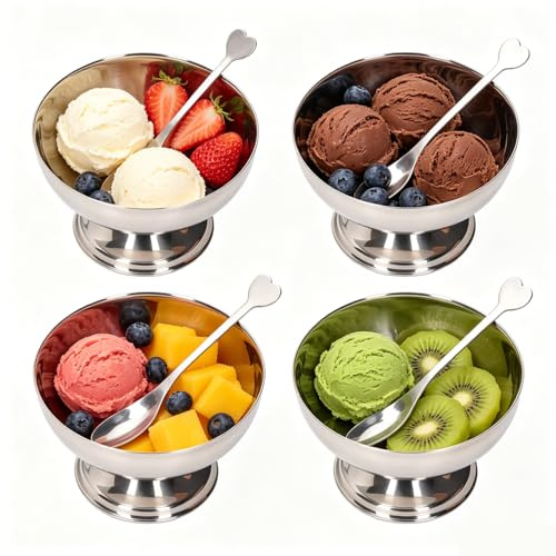 Tissting Copas de helado de acero inoxidable, cuencos de postre, cuencos de helado transparentes, cuencos trifle, cuencos para servir postres, helados, ensaladas, cócteles, especias (4 x patas cortas