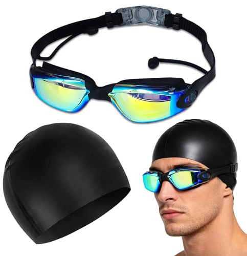 KASESSS Set Occhialini Nuoto Anti-Condensa E Cuffia Nuoto, 170° Campo Visivo Ampio Occhiali Piscina Adulto Con Tappi Auricolari Integrati, Protezione Uv, Impermeabile Occhialini Per Uomini Donne