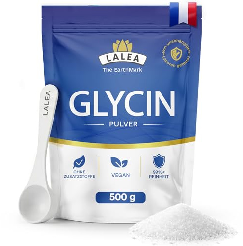 LALEA Glicina Polvere 500g – Amminoacido Glicina Pura al 100% – Componente del Collagene – Vegano, Senza Additivi, Altamente Solubile – Supporta Sonno, Articolazioni e Pelle – 100 Dosi