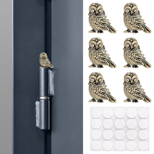 WEBEEDY 6 Pcs Vintage Brass Owls Hinge Heads Decorative Topper with Adhesive, Cute Animal Statue Door Hinge Toppers Miniature Figurines for Cabinet Drawer Table Shelf Home Office Decoration