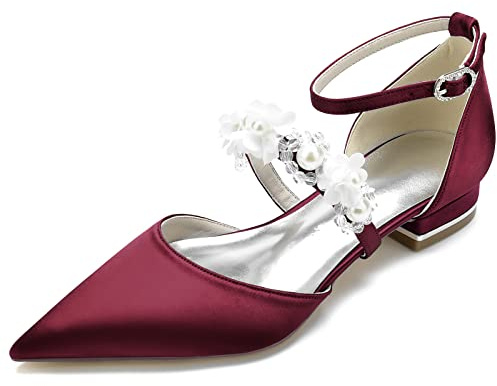 Yhsdfcn Brudskor med 3D-blommor och Pärlor för Dam - Satin Ballerina Mary Jane med Kristaller, Spetsig Tå och Låg Blockklack,Burgundy,EU40