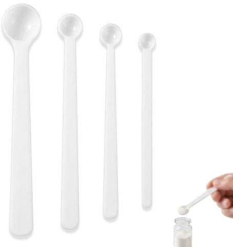 Juego de 4 Cucharas Medidoras de Gramos para Polvos y Suplementos, Dosificador Creatina y Proteína, Mini Cucharas Dosificadoras de Plástico Blanco con Mango Largo, Medidas 0.025ml a 0.5ml