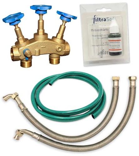 ALFILTRA FiltraSoft Anschluss-Set 1 Zoll für Pura & Basic Modelle Enthärtungsanlage – Messing-Anschlussblock mit Bypass, 2 Edelstahl-Flexschläuche 750 mm, 3 m Abwasserschlauch, Wasserhärte-Testset