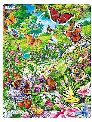 Larsen Puzzles FH28 Rahmenpuzzle Kinder Schmetterlinge im Blumenfeld 42 Teile ab 3 Jahre Lernspielzeug Kreativität und Konzentration fördern