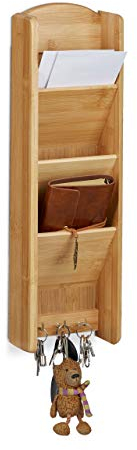 Relaxdays Schlüsselbrett mit Ablage Bambus, 3 Fächer, 3 Schlüssel, Wandorganizer, H x B x T: 7,5 x 15 x 49,5, Holz, natur