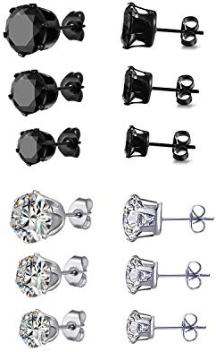 6 Pair titanium and Stainless Steel Mens Womens Stud Earrings Set Black and Clear Round Cubic Zirconia Inlaid Pierced Hypoallergenic 3-5mm(12PCS,3 Pairs Black,3 Pairs Clear)